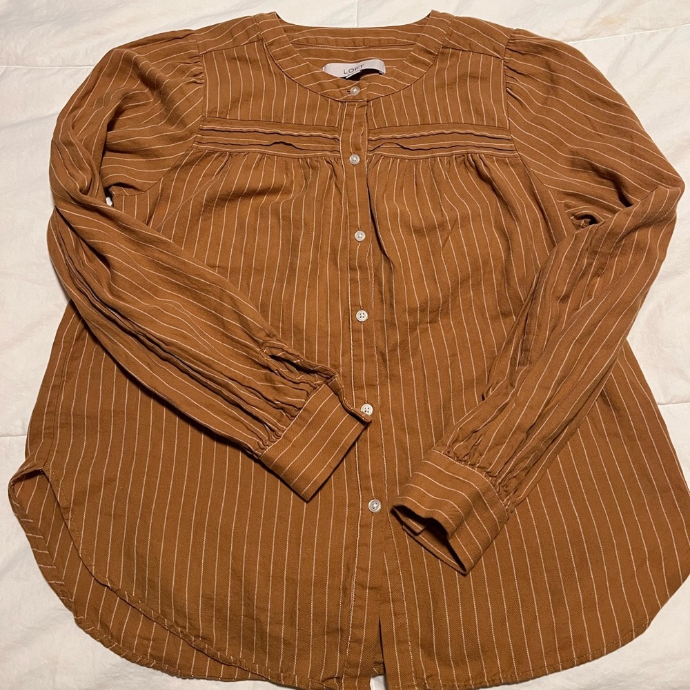 LOFT Cappuccino Button Down X-Small Striped Shirt with Long Sleeves and Crew No